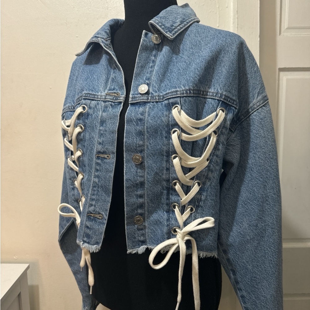 Denim Jacket with Lace-Up Sides